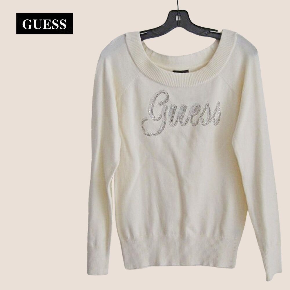 GUESS NEW Old Money Crystals Signature Logo Ribbed Trim Pullover Sweater S